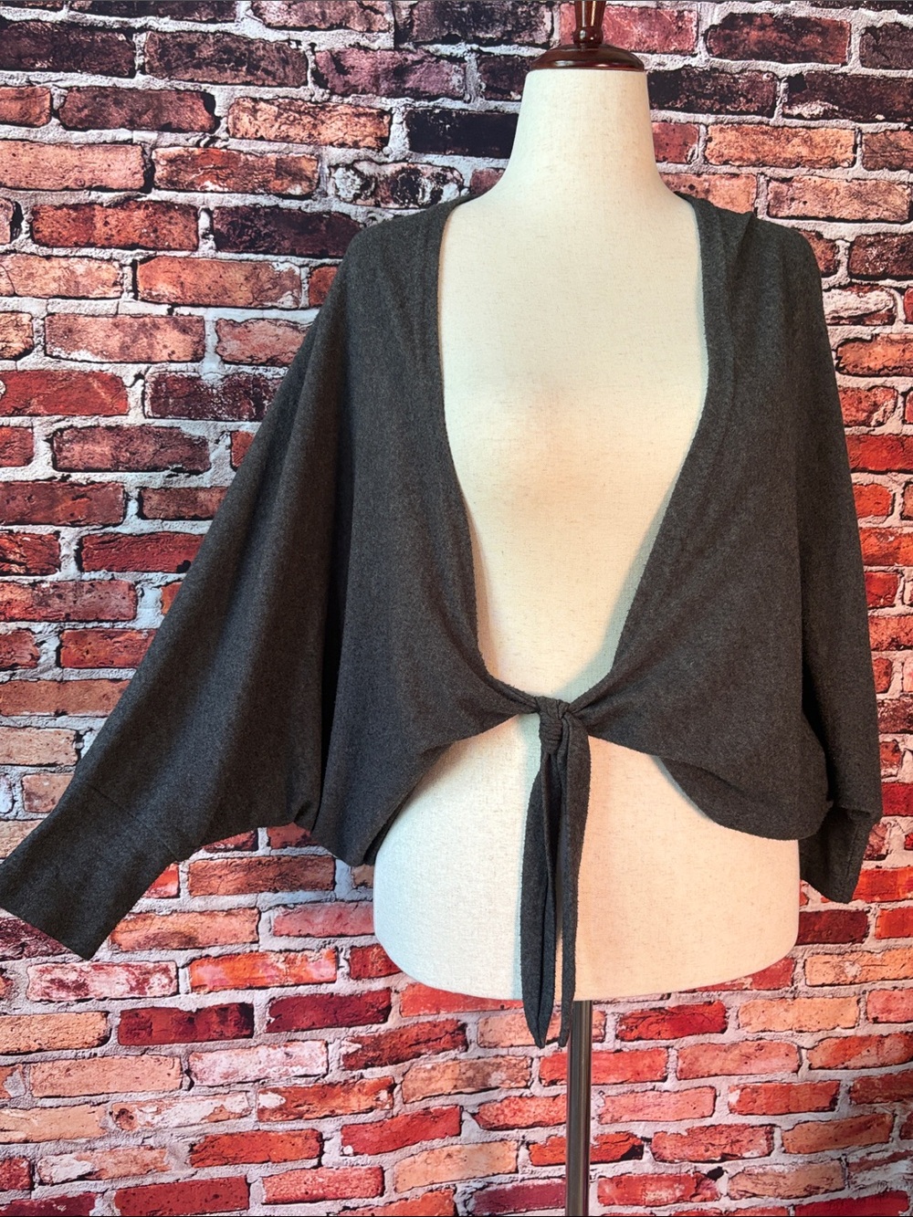 grade & gather Cozy Soft Tie-Front Open Knit Shrug in Charcoal Gray S/M